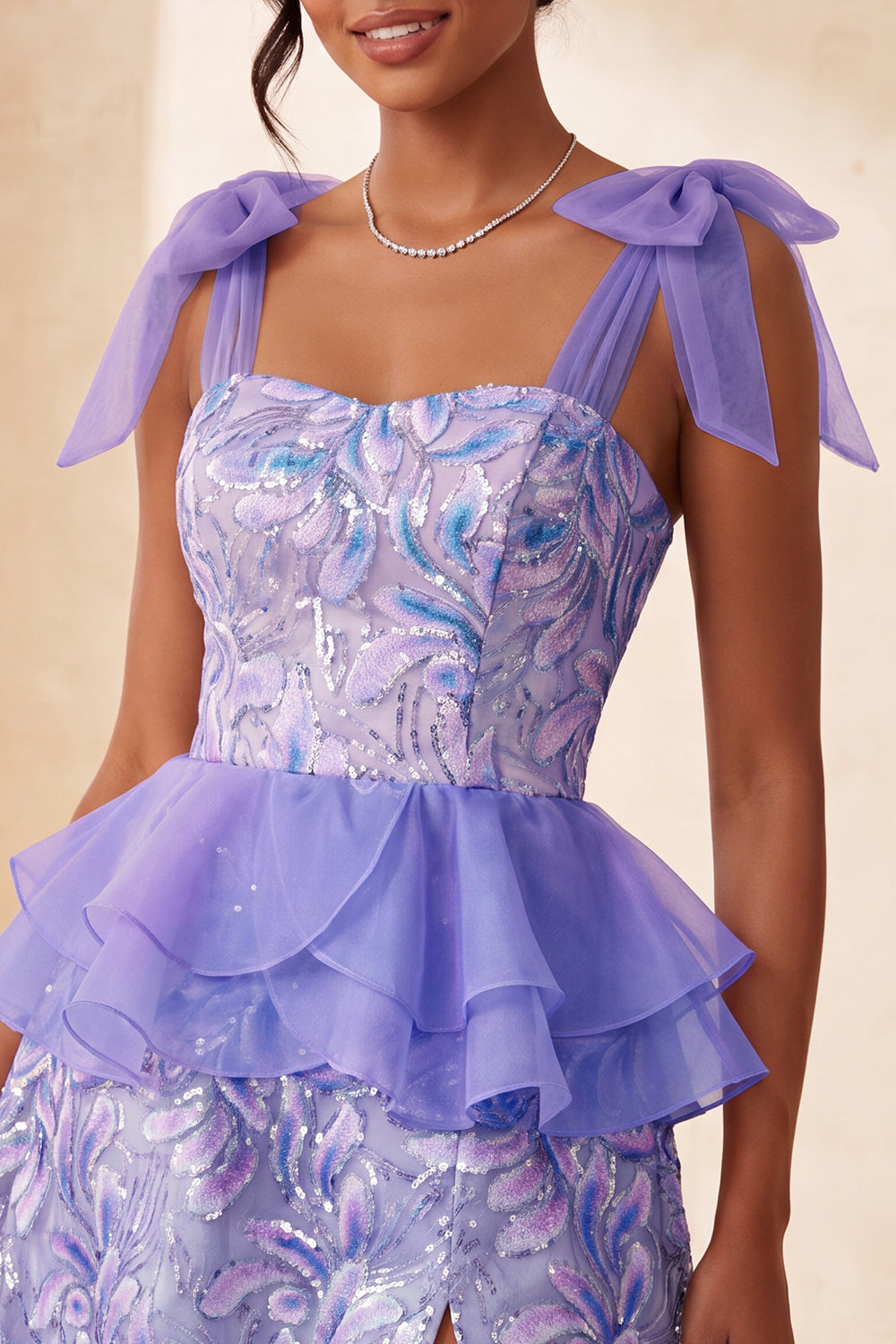 Sparkly Floral Lake Blue Sequin Ruffled Short Homecoming Dress with Bows