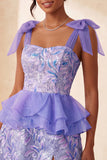 Sparkly Floral Lake Blue Sequin Ruffled Short Homecoming Dress with Bows