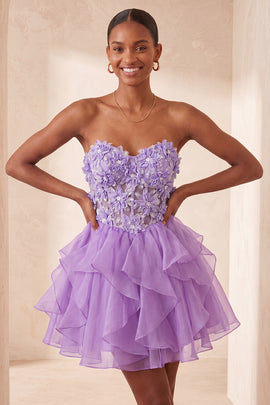 Floral Light Purple Corset Ruffled Short Homcoming Dress