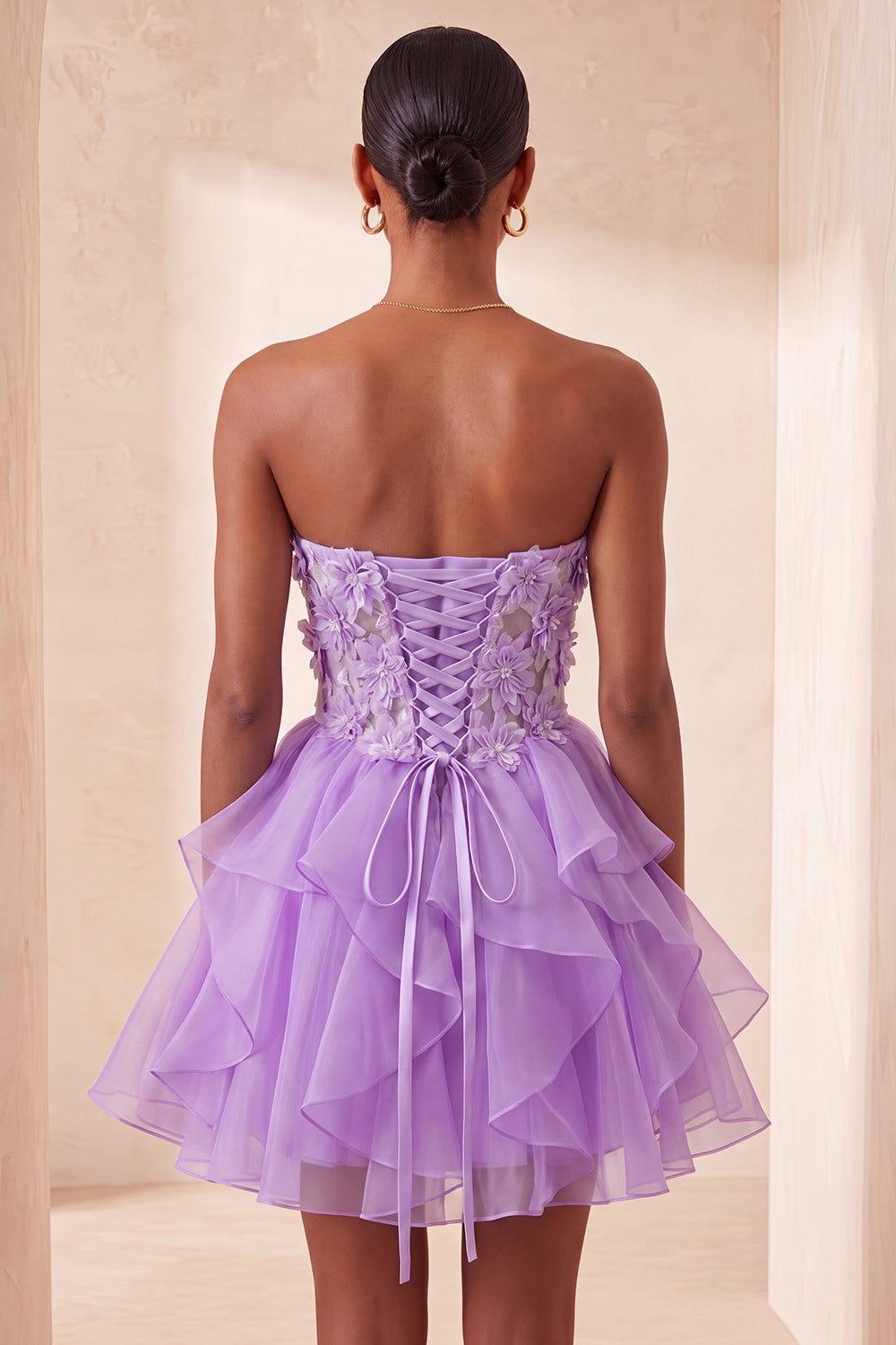 Floral Light Purple Corset Ruffled Short Homcoming Dress