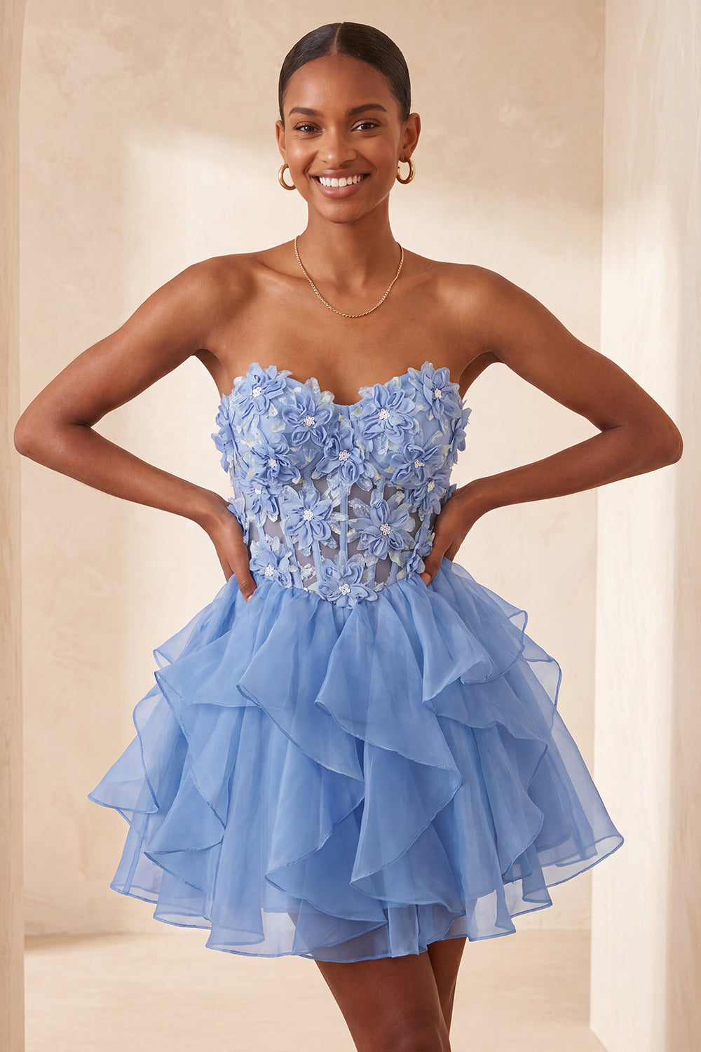 Floral Light Purple Corset Ruffled Short Homcoming Dress