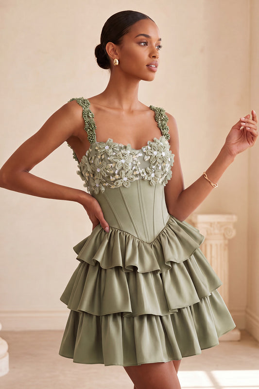 Floral Dusty Sage Corset Tiered Ruffled Short Homecoming Dress