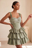 Floral Dusty Sage Corset Tiered Ruffled Short Homecoming Dress
