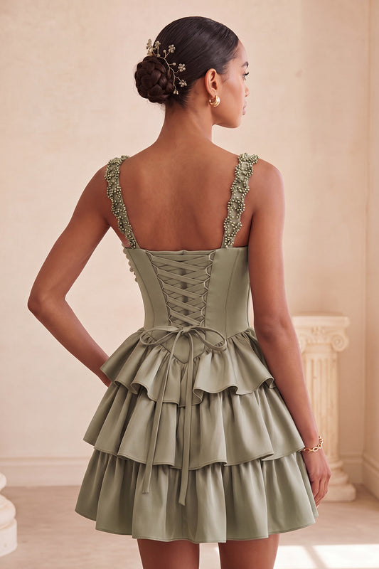 Floral Dusty Sage Corset Tiered Ruffled Short Homecoming Dress