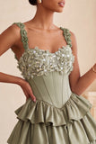 Floral Dusty Sage Corset Tiered Ruffled Short Homecoming Dress