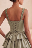 Floral Dusty Sage Corset Tiered Ruffled Short Homecoming Dress