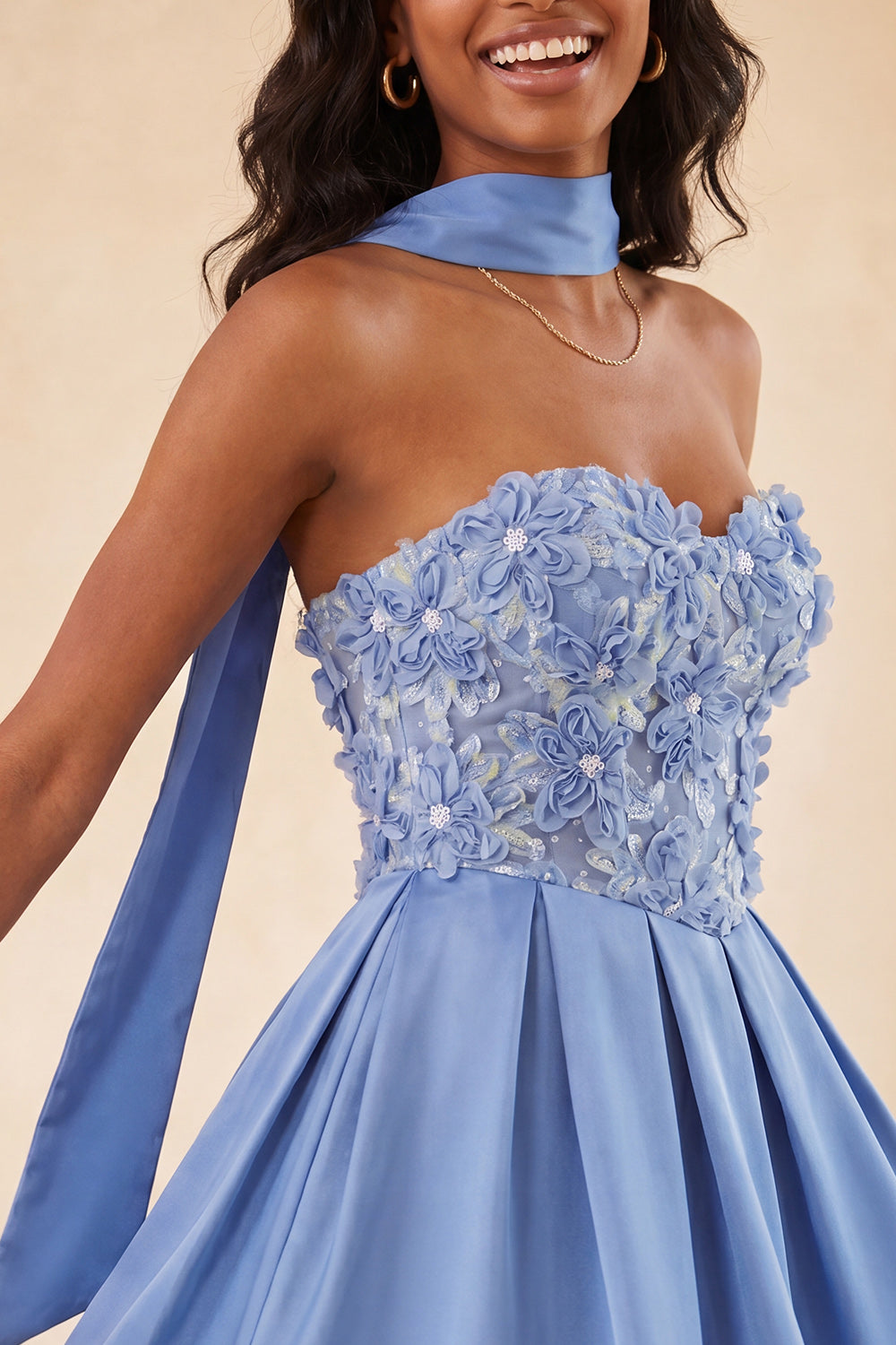 Blue Floral Beaded A-Line Short Homecoming Dress with Neck Scarf