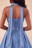 Blue Floral Beaded A-Line Short Homecoming Dress with Neck Scarf