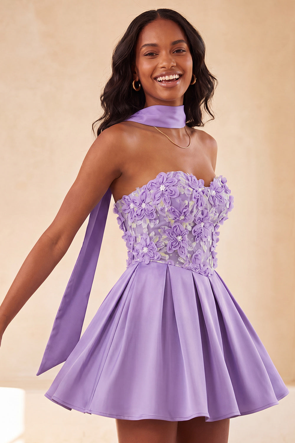 Blue Floral Beaded A-Line Short Homecoming Dress with Neck Scarf