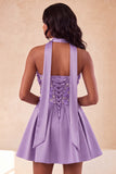 Blue Floral Beaded A-Line Short Homecoming Dress with Neck Scarf