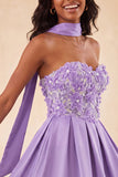 Blue Floral Beaded A-Line Short Homecoming Dress with Neck Scarf