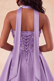 Blue Floral Beaded A-Line Short Homecoming Dress with Neck Scarf