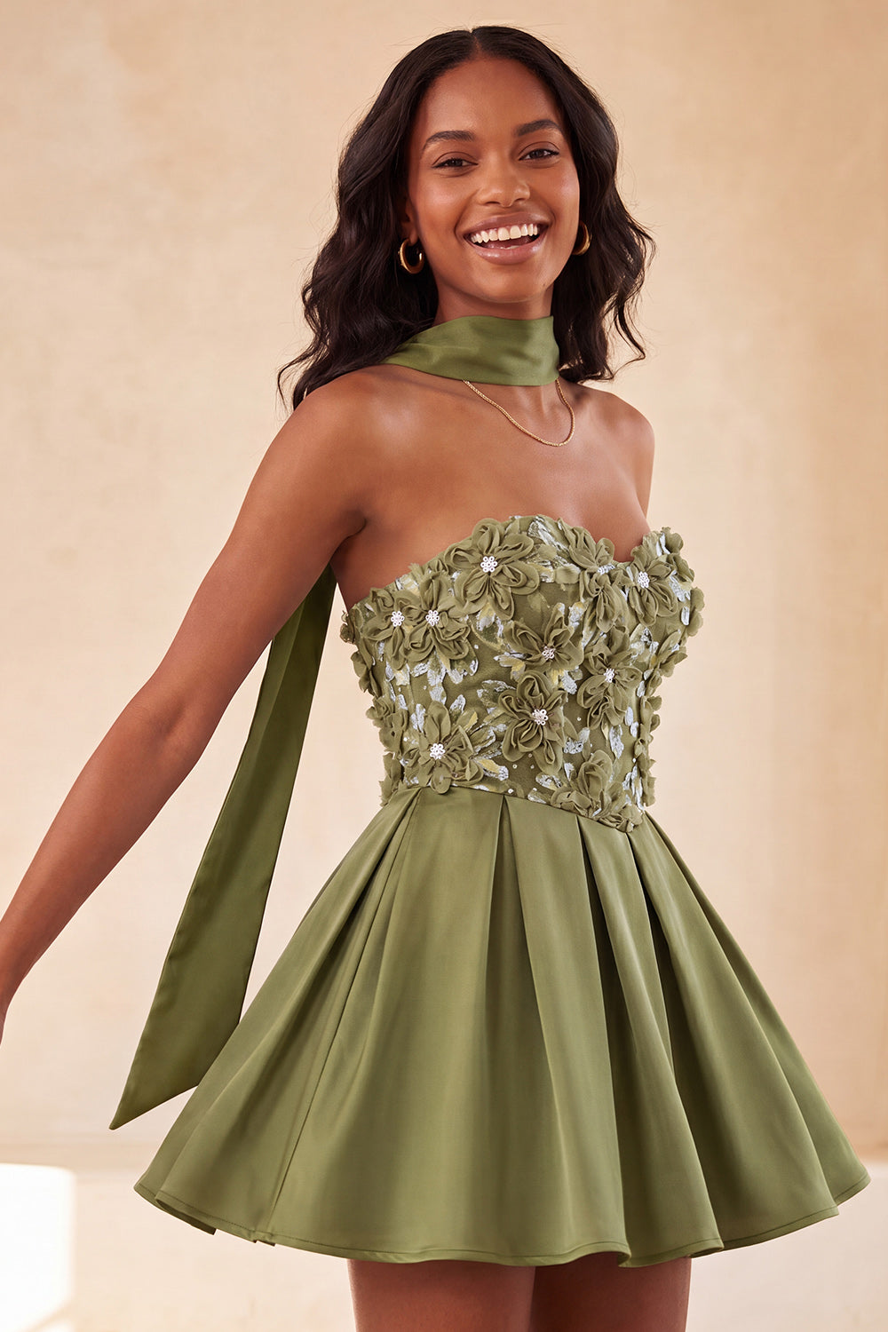 Blue Floral Beaded A-Line Short Homecoming Dress with Neck Scarf