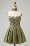 Blue Floral Beaded A-Line Short Homecoming Dress with Neck Scarf
