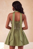 Blue Floral Beaded A-Line Short Homecoming Dress with Neck Scarf