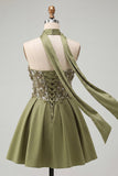 Blue Floral Beaded A-Line Short Homecoming Dress with Neck Scarf