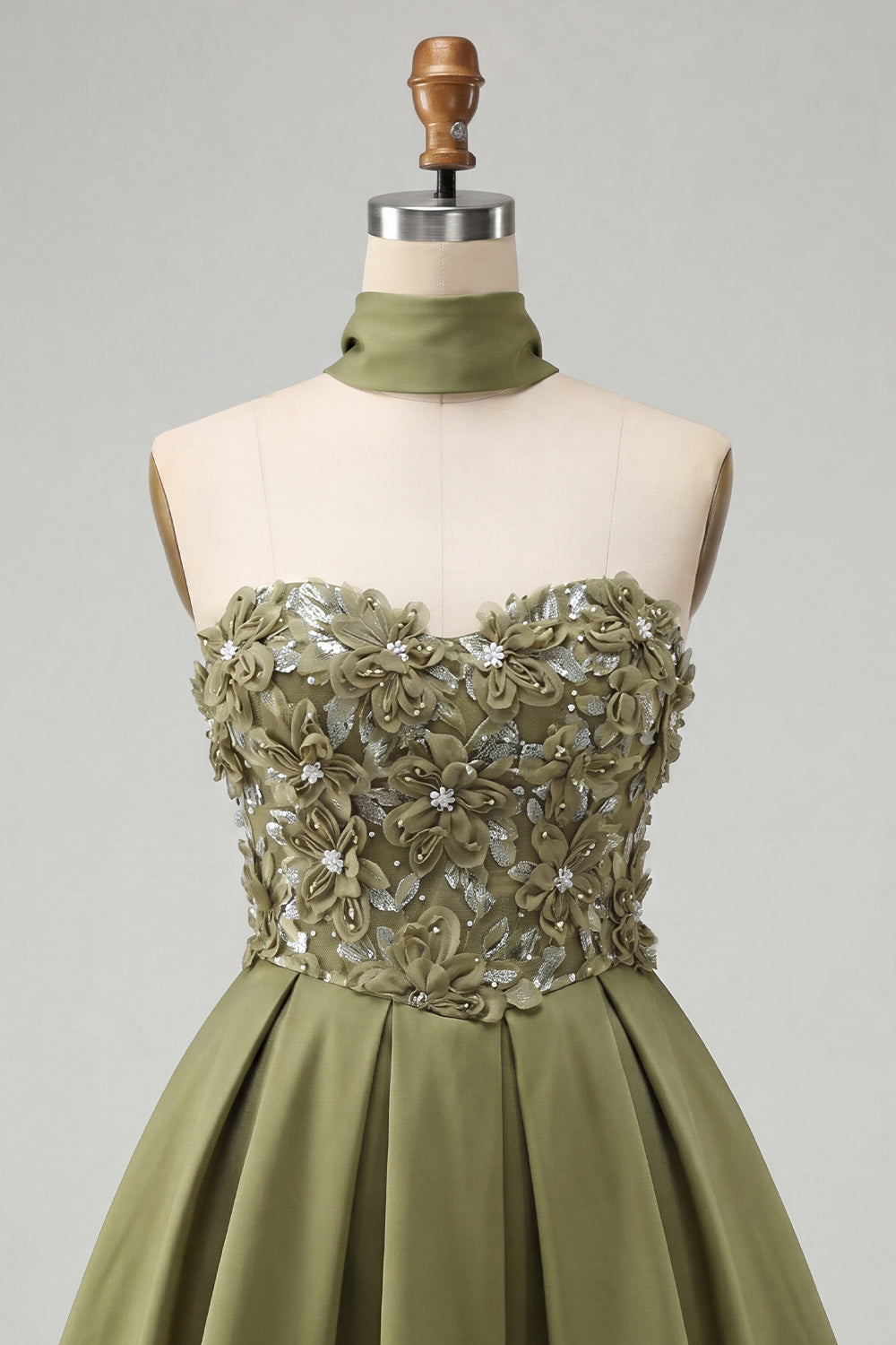 Blue Floral Beaded A-Line Short Homecoming Dress with Neck Scarf