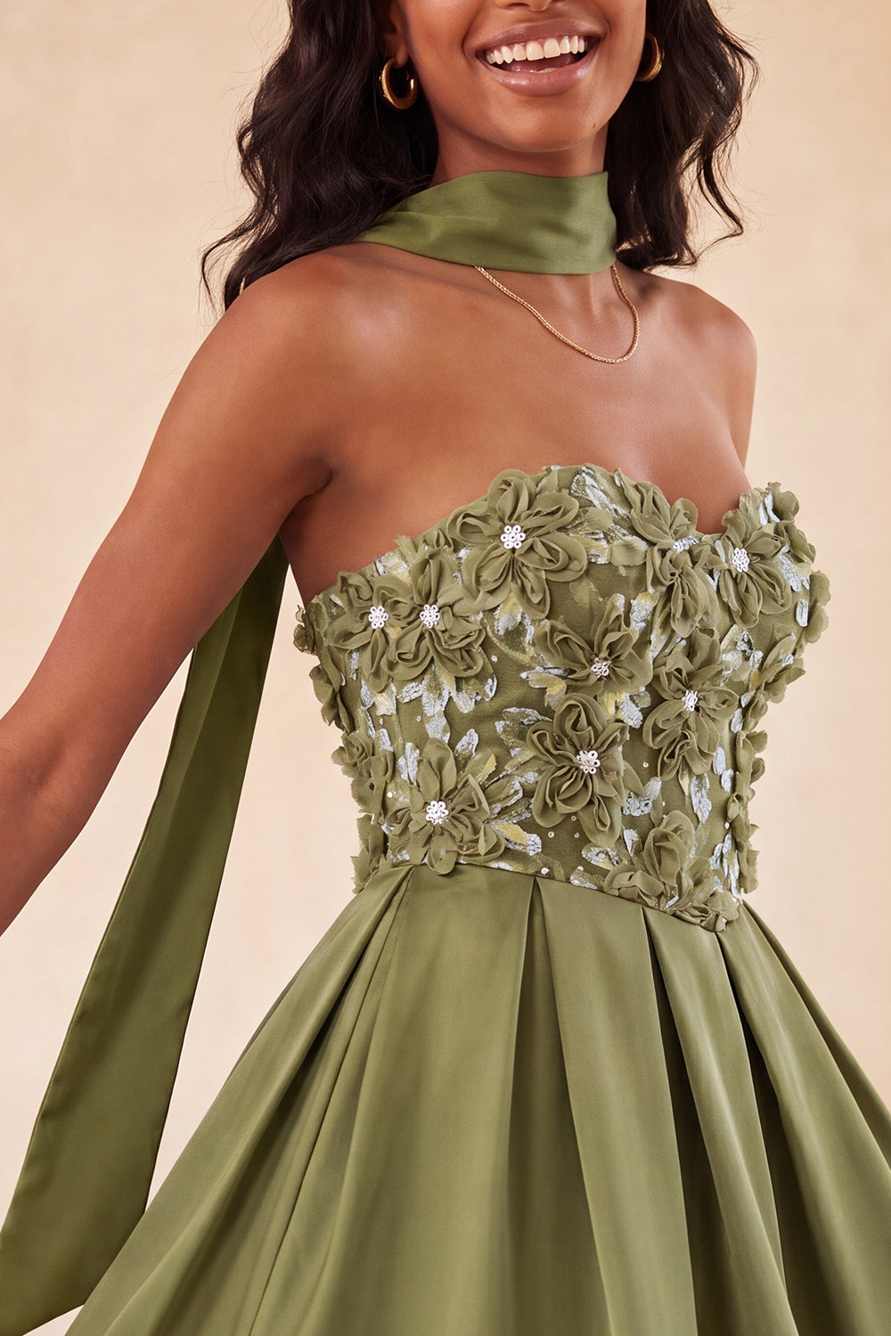 Blue Floral Beaded A-Line Short Homecoming Dress with Neck Scarf