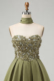 Blue Floral Beaded A-Line Short Homecoming Dress with Neck Scarf