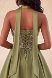 Blue Floral Beaded A-Line Short Homecoming Dress with Neck Scarf