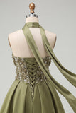 Blue Floral Beaded A-Line Short Homecoming Dress with Neck Scarf