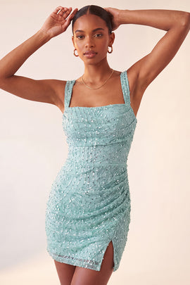 Sparkly Mint Green Sequin Tight Short Homecoming Dress with Slit