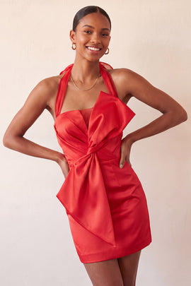 Red Satin Ruched Tight Short Homecoming Dress with Bow