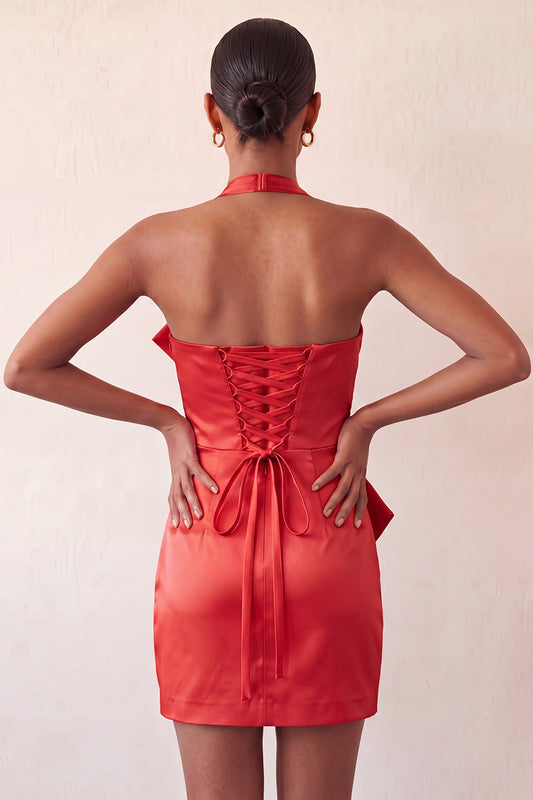 Red Satin Ruched Tight Short Homecoming Dress with Bow