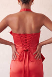 Red Satin Ruched Tight Short Homecoming Dress with Bow