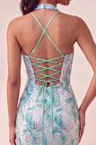 Sparkly Pink Floral Halter Sequin Tight Short Homecoming Dress