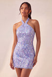 Sparkly Pink Floral Halter Sequin Tight Short Homecoming Dress
