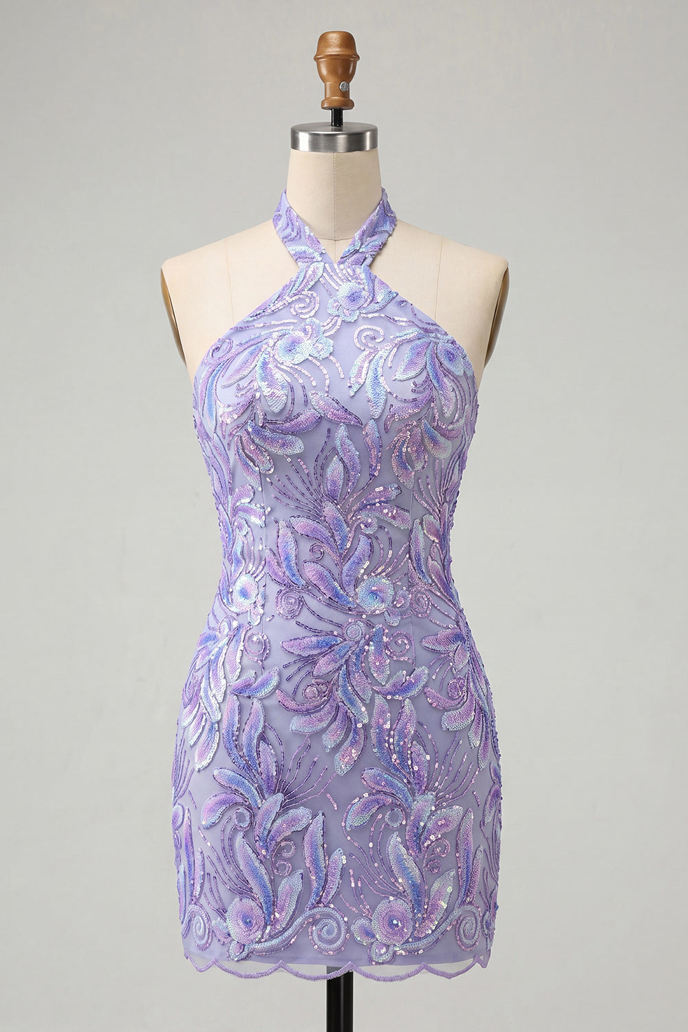Sparkly Pink Floral Halter Sequin Tight Short Homecoming Dress