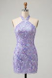 Sparkly Pink Floral Halter Sequin Tight Short Homecoming Dress