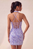 Sparkly Pink Floral Halter Sequin Tight Short Homecoming Dress