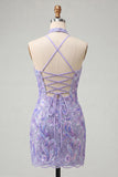 Sparkly Pink Floral Halter Sequin Tight Short Homecoming Dress