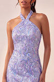 Sparkly Pink Floral Halter Sequin Tight Short Homecoming Dress