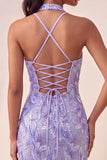 Sparkly Pink Floral Halter Sequin Tight Short Homecoming Dress