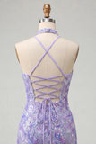 Sparkly Pink Floral Halter Sequin Tight Short Homecoming Dress