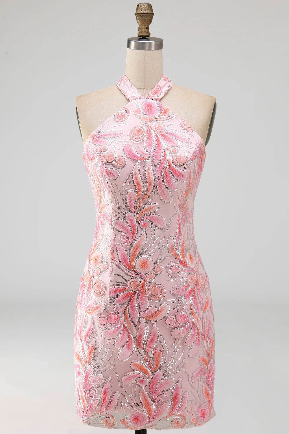 Sparkly Pink Floral Halter Sequin Tight Short Homecoming Dress