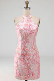 Sparkly Pink Floral Halter Sequin Tight Short Homecoming Dress