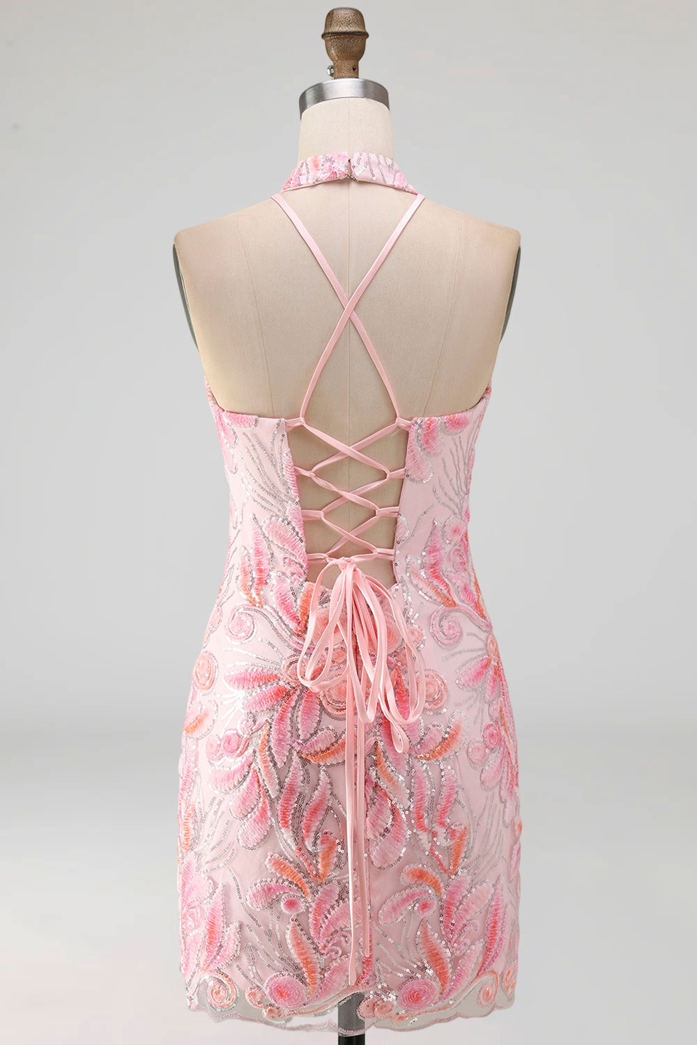 Sparkly Pink Floral Halter Sequin Tight Short Homecoming Dress