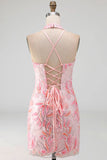 Sparkly Pink Floral Halter Sequin Tight Short Homecoming Dress