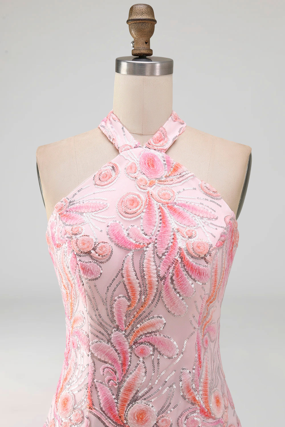 Sparkly Pink Floral Halter Sequin Tight Short Homecoming Dress