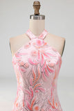 Sparkly Pink Floral Halter Sequin Tight Short Homecoming Dress