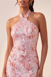 Sparkly Pink Floral Halter Sequin Tight Short Homecoming Dress