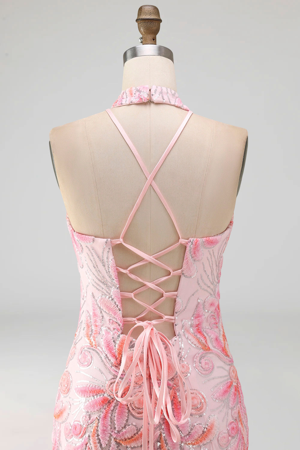 Sparkly Pink Floral Halter Sequin Tight Short Homecoming Dress