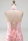 Sparkly Pink Floral Halter Sequin Tight Short Homecoming Dress