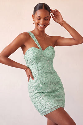 Sparkly Mint Green Sequin One Shoulder Short Tight Homcoming Dress