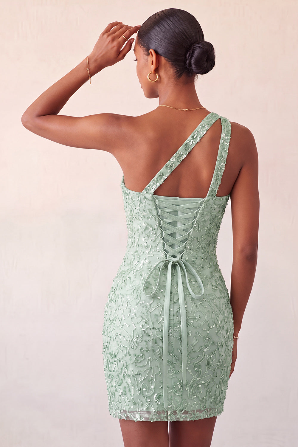 Sparkly Mint Green Sequin One Shoulder Short Tight Homcoming Dress