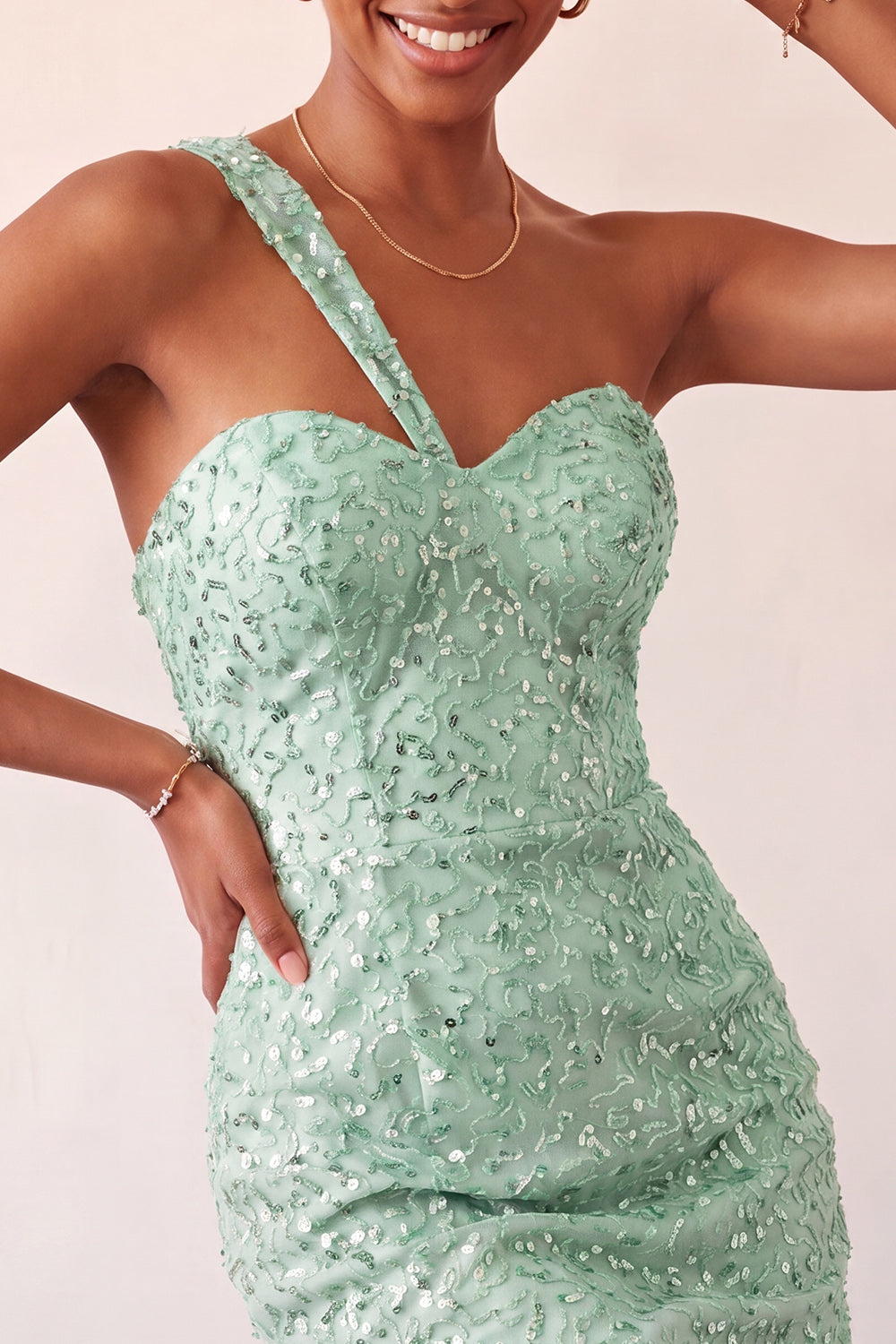 Sparkly Mint Green Sequin One Shoulder Short Tight Homcoming Dress
